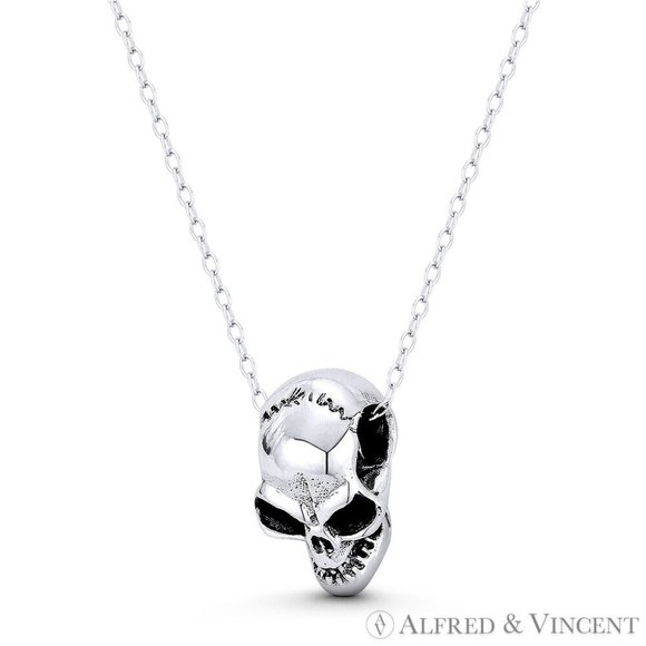 Skull / Skeleton Head Dia De Los Muertos Charm in Oxidized .925 Sterling Silver - Picture 1 of 1